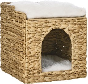 PawHut Rattan Macska Háza, Macska Barlang Párnával, Macska Kuckó 2 Szinttel, Macska Ágy, Macska Kosár 5 kg-ig, Vízihíd Függönyből, 37,5 x 37,5 x 41,5