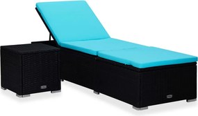 vidaXL kék polyrattan napozóágy párnával és teázóasztallal