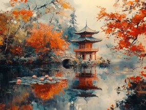 Vászonkép Canvas Tájkép Japán Park Kert Ősz Pagoda Híd 80x60