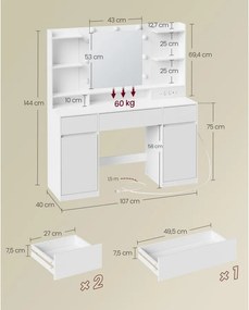 VASAGLE Kailyn LED-es fésülködőasztal tükörrel és töltőállomással, felhőfehér
