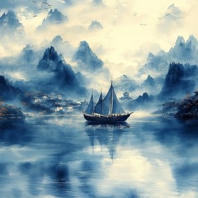 Vászonkép Canvas Ázsia Kelet Kína Tájkép Hegyek Vitorlás Köd 80x80