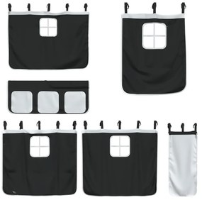 fehér-fekete tömör fenyő gyerek galériaágy függönnyel 90x190 cm