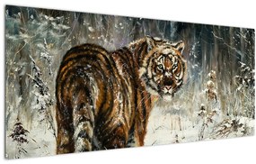 Kép - tigris a havas erdőben, olajfestmény (120x50 cm)