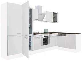 Yorki 340 sarok konyhabútor fehér korpusz,selyemfényű fehér front alsó sütős elemmel polcos szekrénnyel, alulfagyasztós hűtős szekrénnyel