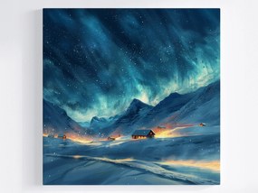Poszter Tájkép Éjszaka Északi Fény Tél Hó Hegyek 40x40