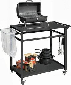 Outsunny kültéri BBQ kocsi 2 fémpolccal, kerekekkel, fogantyúval, szeméttartóval és akasztókkal, 113 x 50,5 x 88 cm — Aosom