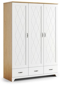 Mazzoni PROVENZA SZD3SZ3 szekrény Kőtölgy/Fehér Matt - 3 AJTÓS FIÓKOS RUHÁSSZEKRÉNY, POLCOKKAL ÉS RUHATARTÓ SÍNNEL RETRO