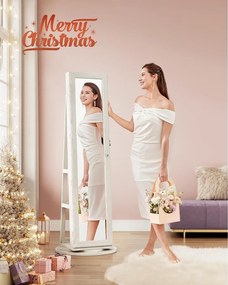 360°-ban forgatható ékszerszekrény, teljes alakos tükörrel, zárható ékszertároló, fehér