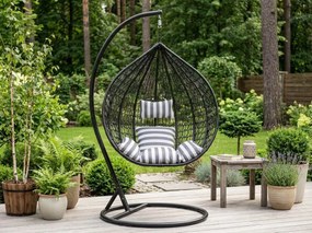 Fekete függő fotel KOKON állvánnyal, fehér-szürke párna