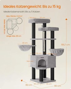 Nagy, Többszintes Macskabútor XXL 55 x 55 x 186,7 cm, szürke, fekete