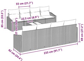 9 Részes Kerti Szofa Szett Párnákkal Szürke Polirattan