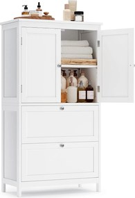 Fürdőszobai tárolószekrény 2 ajtóval és 2 fiókkal, 5 fokozatban állítható polccal, 60 x 30 x 110 cm, fehér