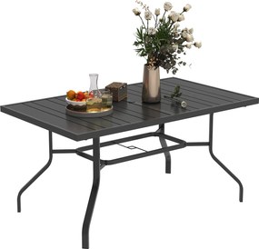 Outsunny Teraszi Asztal 152x90 cm, Időjárásálló Acél Erkély Asztal Napernyőnyílással, Rácsos Dizájnú Kültéri Étkező Asztal, Kemping Asztal, Téglalap a