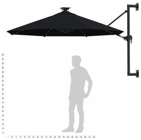 fekete fali napernyő LED-ekkel és fémrúddal 300 cm
