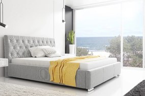 Adelaide divatos ágy magasított fejtámlával és tárolóval, világos szürke ökobőr, 200 x 200