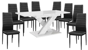 Maasix WTG Magasfényű Fehér 8 személyes étkezőszett Fekete Coleta székekkel