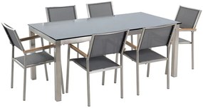 Hatszemélyes étkezőasztal fekete üveglappal és szürke textilén székekkel GROSSETO Beliani