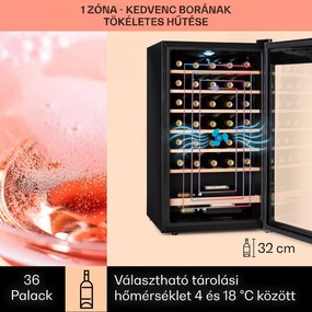 Klarstein Vinamour 32 Uno, borhűtő, 95 liter, 36 palack, 4-18 °C, 1 zóna, érintésvezérlés