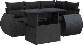 vidaXL 5 részes fekete polyrattan kerti kanapészett párnákkal