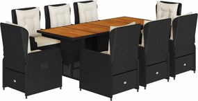 vidaXL 9 részes fekete polyrattan kerti étkezőgarnitúra párnákkal