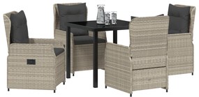 5 darabos kert étkezőszett világosszürke poli rattan, kert asztal fekete 80x80x73 cm edzett üveg