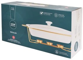 Hőálló porcelán sütőtál üveg fedővel arany színű asztali melegentartó állvánnyal - 1,8 literes