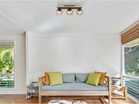 Globo 15569-3DW Mennyezeti lámpa könnyű fém fekete matt, fa sötétbarna, üveg füstszínű, HxSzxM: 600x150x205mm, 3x E27 25W 230V izzók nélkül