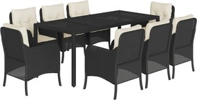 vidaXL 9 részes fekete polyrattan kerti étkezőgarnitúra párnákkal