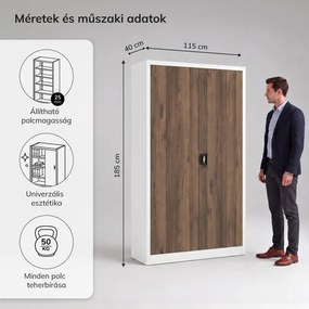 Irodai fém irattározó szekrény fehér / dió: Eco Design JAN II, 1150 x 1850 x 400 mm