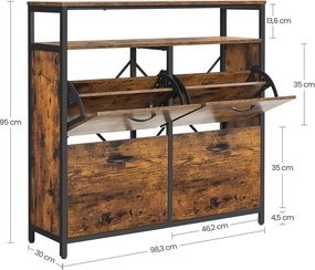 Cipős szekrény 4 ajtós 12-20 pár cipő tárolására, rusztikus barna 98x30x96cm