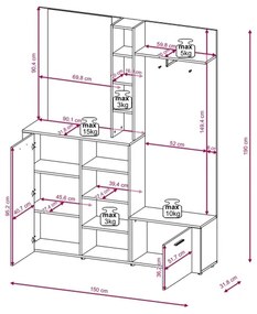 Előszobafal tükörrel KEVIN, barna/fekete