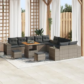 13 db-os kerti kanapé szett párnákkal szürke polyrattan akáciával, 3 db-os kerti étkező szett párnákkal szürke polyrattan akáciával