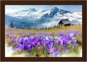 Poszter Keret Fa Krokusok Hegyek Kunyhó Tisztás Tavasz Tájkép 60x40