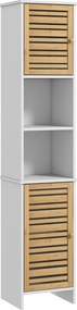 HOMCOM Modern Fürdőszobai Oszlopos Magas Fürdőszobaszekrény Állítható Polcokkal és Stabilitást Növelő Bambusz Ajtóval 35x30x170 cm Fehér és Természete