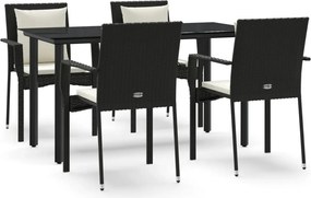 vidaXL 5 részes fekete polyrattan kerti étkezőgarnitúra párnákkal