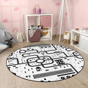 Fekete-fehér mosható gyerek játszószőnyeg ø150 cm In My Town – Mila Home