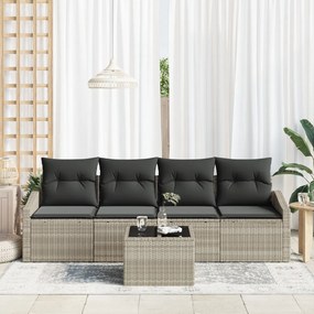 5 Részes Kerti Étkező Szett Párnákkal Világosszürke Poli Rattan