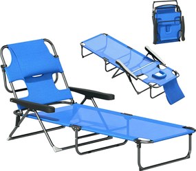 Outsunny Összecsukható Napozóágy Kert Napozó, Olvasószakkal, Fejpárnával, 4 Fokozatban Állítható Támlával, Időjárásálló Kemping Napozó 120 kg-ig, Kert