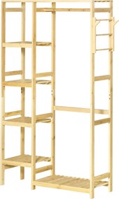 HOMCOM Bambusz Kabátállvány 4-Tier Polccal, Alsó Rúddal és Oldalsó Akasztókkal, Táskáknak, Ruháknak, Hálószobába 90x30x155 cm Természetes | Aosom