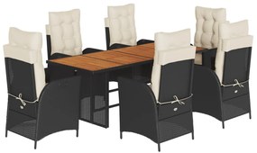 7 részes fekete polyrattan kerti étkezőgarnitúra párnával