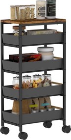 HOMCOM 5-Szintes Konyhai Tároló Kocsi Kerekekkel Fából Hatású Lappal és 4 Kivehető Fiókkal Konyhakocsi Nappaliba, Étkezőbe 39.5x24x82 cm Fekete | Aoso