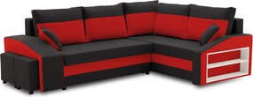 Grande sarokkanapé polcokkal és puffokkal , polc a jobb karfaban puffok a bal karfaban, jobboldali, szövet anyag, hab töltet, fekete - piros