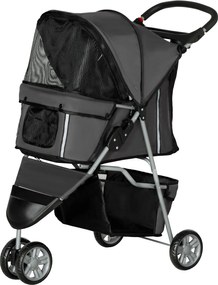 PawHut Kutya Babakocsi Összecsukható Macska Babakocsi Párnával Hálós Ablakokkal Pohártartóval Tároló Táskával Sötétszürke | Aosom