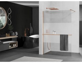 Mexen Kioto+, Walk-In zuhany paraván polccal és akasztóval 90 x 200 cm, 8 mm átlátszó matt üveg, réz matt profil, 800-090-121-65-35