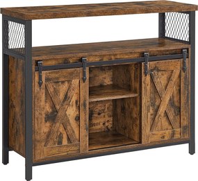Ipari stílusú tálalószekrény tolóajtókkal, 6 tárolórekesszel és állítható polcokkal, 100 x 33 x 80 cm, rusztikus barna és fekete