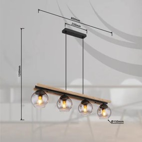 Globo 15569-4HW Függeszték fém fekete matt, fa sötétbarna, üveg füstszínű, kábel PVC fekete, magassága állítható, HxSzxM: 850x150x1200mm, 4x E27 25W 230V izzók nélkül