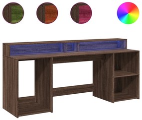 barna tölgy színű szerelt fa íróasztal LED-ekkel 200x55x91 cm
