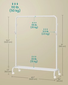 Ruhafogas kerekekkel és polccal, strapabíró fémváz, felhőfehér