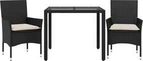 vidaXL 3 részes fekete polyrattan/üveg kerti étkezőgarnitúra párnákkal