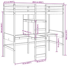 barna fenyő galériaágy-keret asztallal és polcokkal 90 x 200 cm